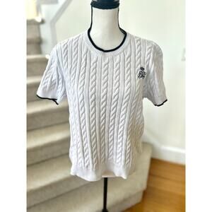 Ralph Lauren White Monogram Logo Short Sleeve Cableknit Tennis Sweater